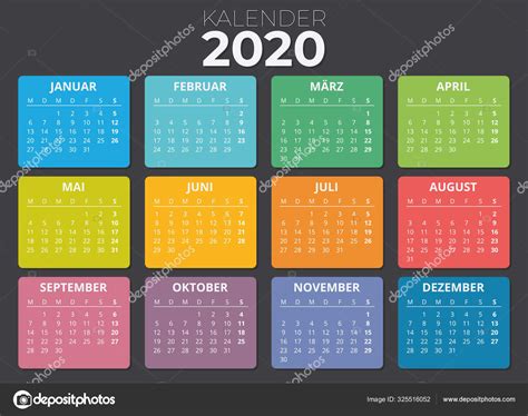 Deutscher Kalender 2020 Bunt Kalender Von Montag Bis Sonntag Stock