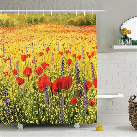 Poppy Decor Shower Curtain Set A Colorful Field With Poppies Yellow