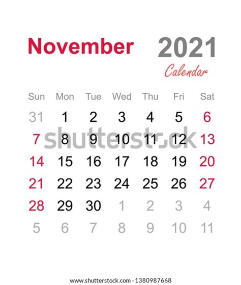 November 2021 Calendar Monthly Calendar Template Stock Vector Royalty