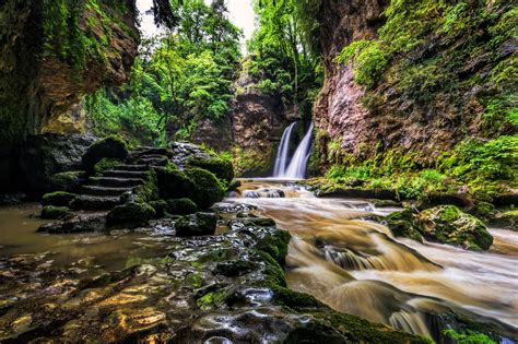 Switzerland Waterfalls Stones Stairs Moss Crag La Tine De