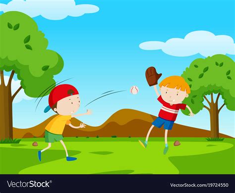 Two Boys Playing Baseball In Park Royalty Free Vector Image
