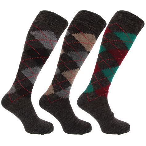 Mens Traditional Argyle Pattern Long Length Lambs Wool Blend Socks