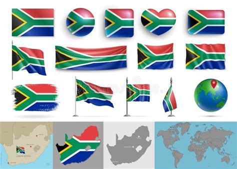 South Africa Flags Of Various Shapes And Map Set Stock Vector