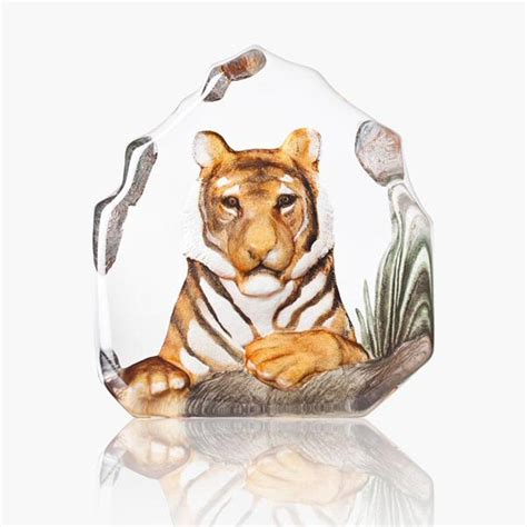 Relaxing Tiger Orange And Black Color Etched Crystal Sculpture By Mats