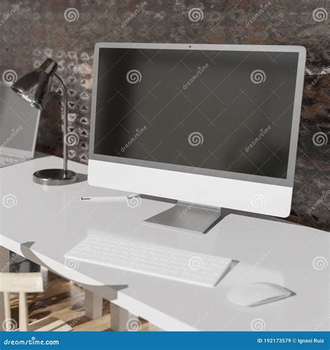 Modern Office With Computers Mockup Black Screen Stock Illustration