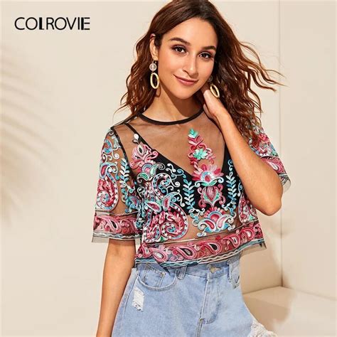 COLROVIE Flower Embroidery Sheer Mesh Boho Crop Top Women Blouse Shirt