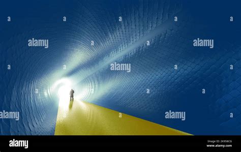 Concept Or Conceptual Blue And Yellow Tunnel The Ukrainian Flag Colors With A Bright Light At