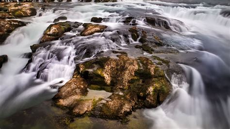 Download Wallpaper 2560x1440 Waterfall Stones Water Moss Stream