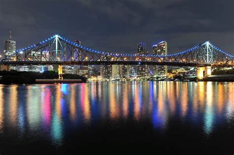 Story Bridge In Brisbane City Lights At Night Night City Bay Bridge