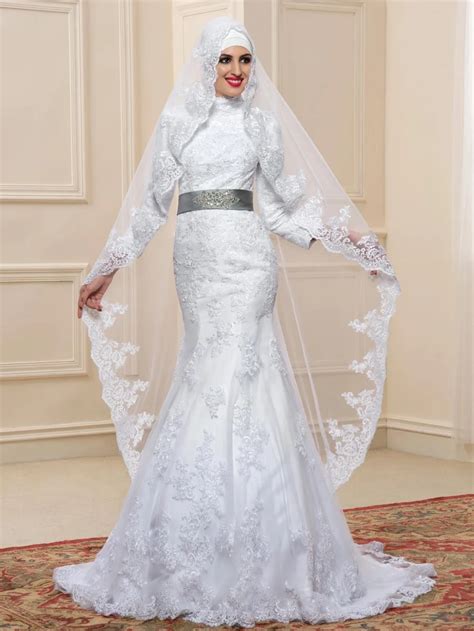 New Dubai Arabic Muslim Wedding Dresses White Lace High Neck Long Sleeves Mermaid Bride