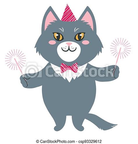 Vector Illustration Of A Cute Cartoon Cat In Party Hat With Sparkles