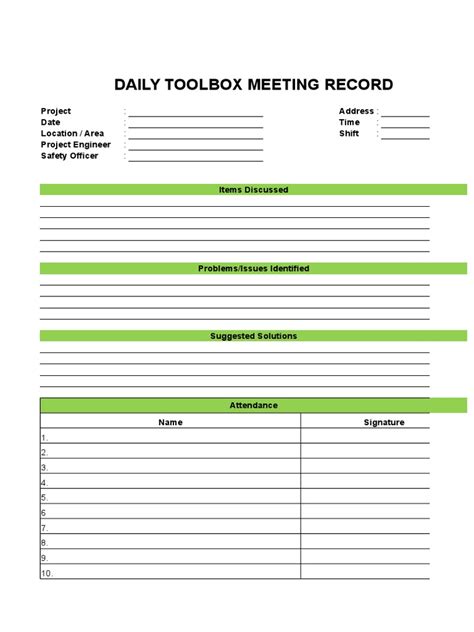 Daily Toolbox Meeting Record Pdf