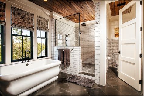 Love This Bathroom Subway Tile Shower With Wood Ceiling And Black