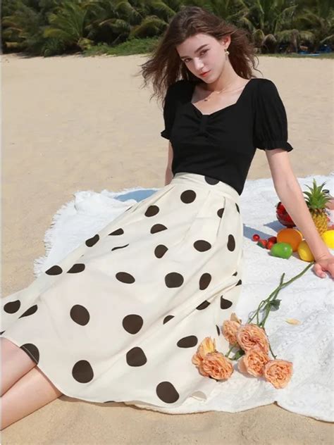retro polka dot white skirt women elegant elastic high waisted a line skirt female korean