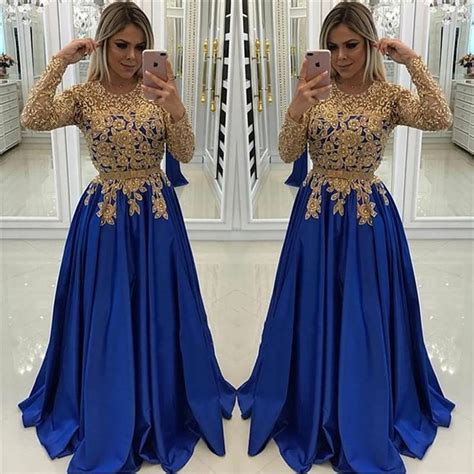 New Arrival A Line Satin Royal Blue And Gold Appliques Long Sleeves