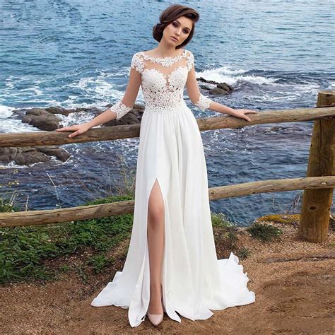 Wedding Dress Beach Chiffon Lace Appliques Simple Dress A Line Slit
