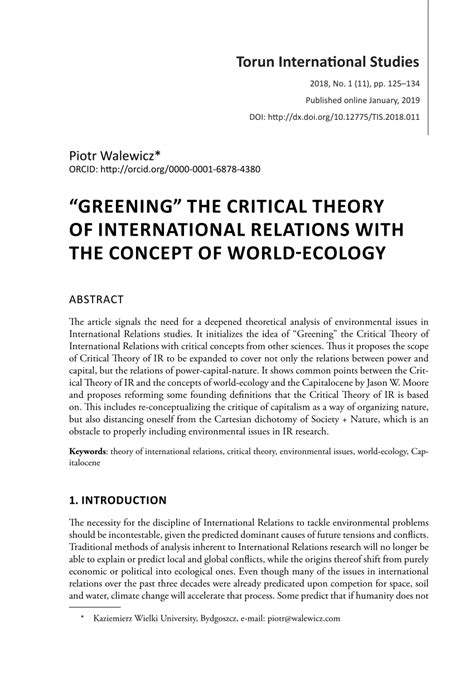Pdf Greening The Critical Theory Of International Relations With