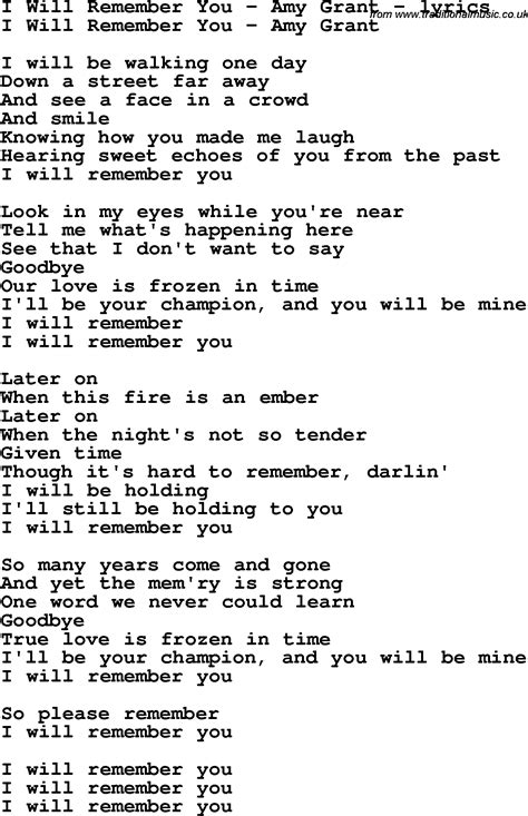 Love Song Lyrics for:I Will Remember You - Amy Grant