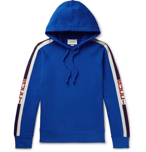 Gucci Webbing Trimmed Loopback Cotton Jersey Hoodie Men Blue Gucci
