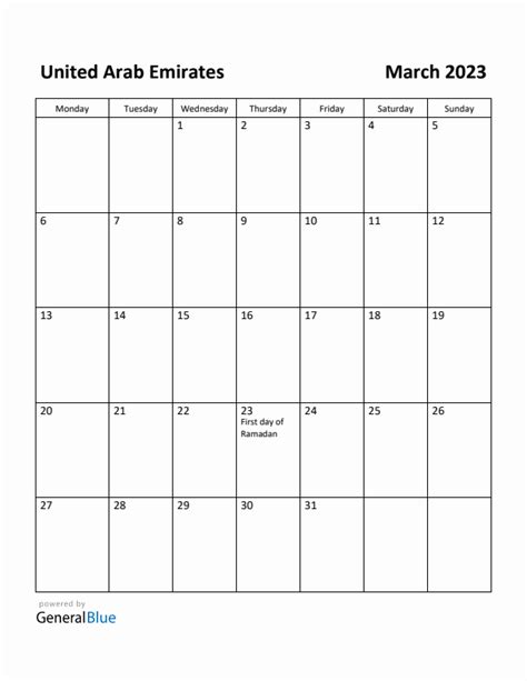 Free Printable March 2023 Calendar For United Arab Emirates
