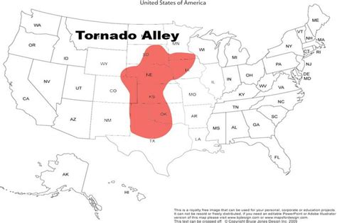 A Map With The Name And Location Of Tornado Alley In Red On A White