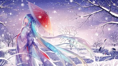 Wallpaper Illustration Anime Snow Umbrella Vocaloid Hatsune Miku