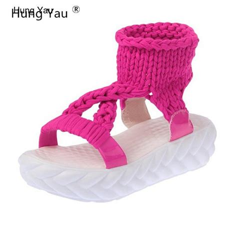 Hung Yau Summer Shoes For Women Sandals Flats Platform Flip Flops Gladiator Bottom Women Knitted