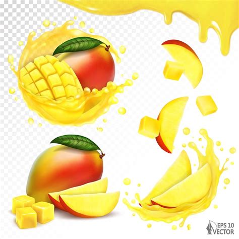 Premium Vector Ripe Mango Fruits Transparent Juice Splash Slices Of Mango Falling Into A Juice