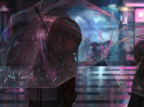 download wallpaper 1600x1200 girl umbrella anime rain street night standard 4 3 hd background