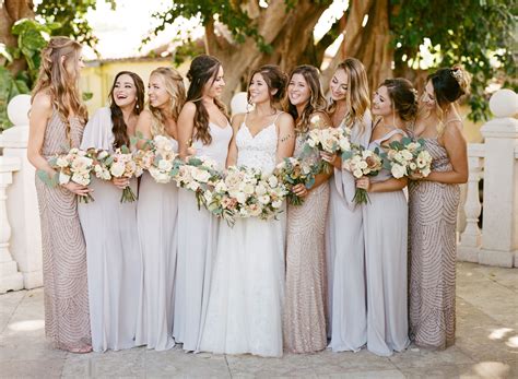 Mismatched Bridesmaid Dresses With Neutral Flower Bouquets The Addison