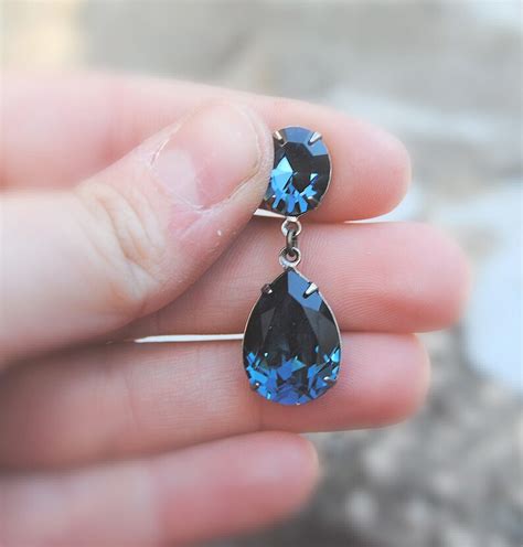 Vintage Navy Blue Earrings Swarovski Crystal Earrings Tear Etsy