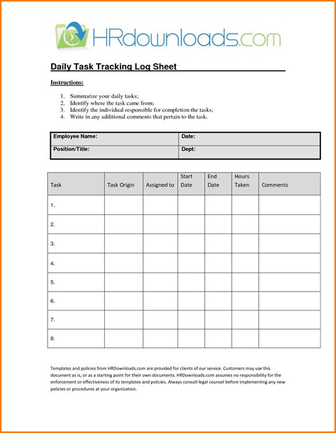 Daily Task Sheet For Employee Printable Receipt Template