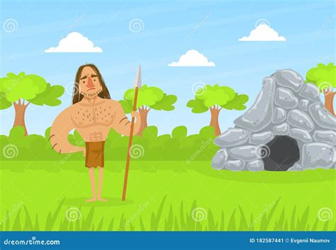 Prehistoric Caveman In Animal Skin Standing With Spear On Stone Age