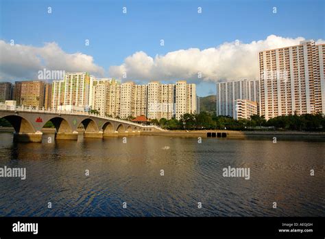 Housing Estates In Shatin Along Shing Mun River Hong Kong China Stock