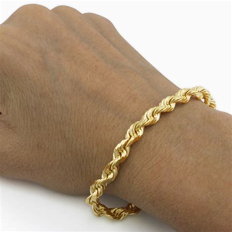 14k Yellow Gold Pure Solid 75mm Mens Diamond Cut Rope Chain Bracelet 8