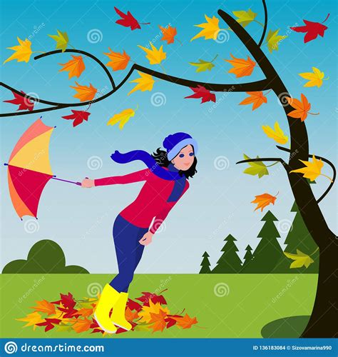 Search, discover and share your favorite windy weather gifs. Girl With Umbrella In Windy Weather Near Autumn Tree On ...