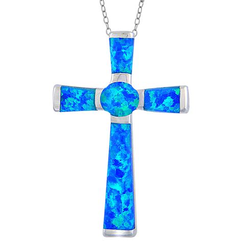 Created Blue Opal Sterling Silver Cross Necklace 18