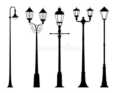 Vector Set Of Street Lantern Silhouettes In Retro Style Isolated On