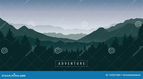 Green Foggy Mountain And Forest Nature Landscape Stock Vector