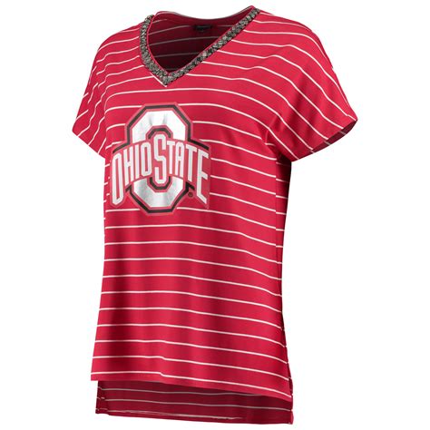 Women S Scarlet Ohio State Buckeyes Pinstripe Beaded V Neck T Shirt Gameday Couture Ohio State