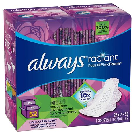 always radiant pads with flexfoam size 2 heavy flow 52 count