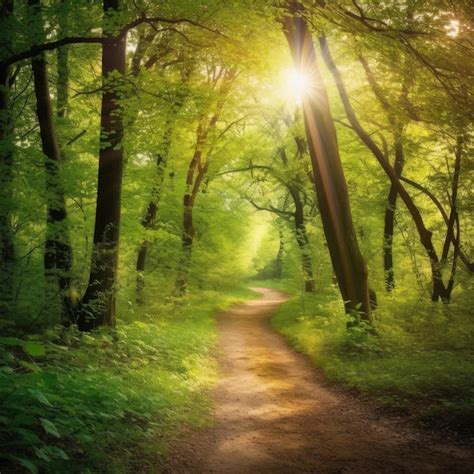 Premium Ai Image A Path Through A Forest With The Sun Shining Through