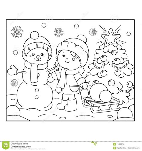 Coloring Page Outline Of Girl With Snowman And Christmas