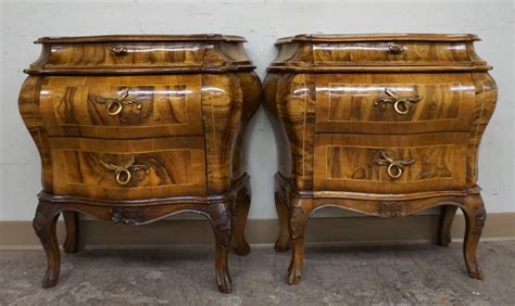 Lot Pair Of Provincial Style Satinwood Inlaid Burlwood And Fruitwood Bedside Tables H 28 W
