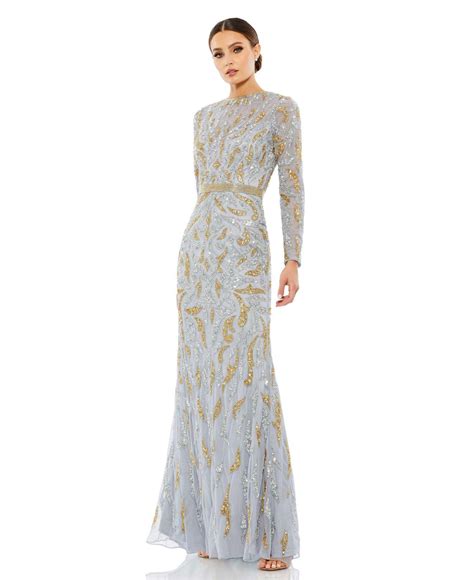 Mac Duggal Beaded Long Sleeve Evening Gown In White Lyst