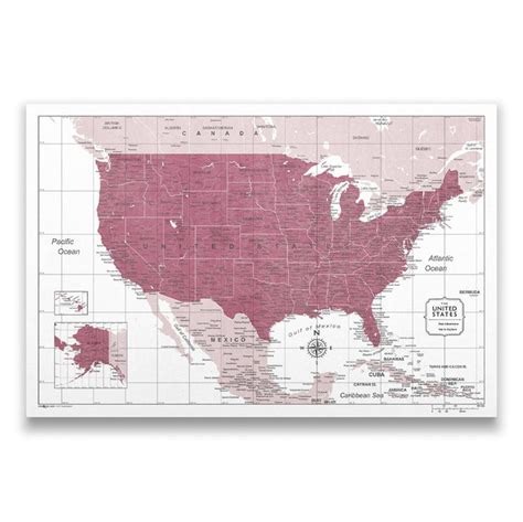 Usa Travel Map Pin Board With Push Pins Burgundy Color Splash