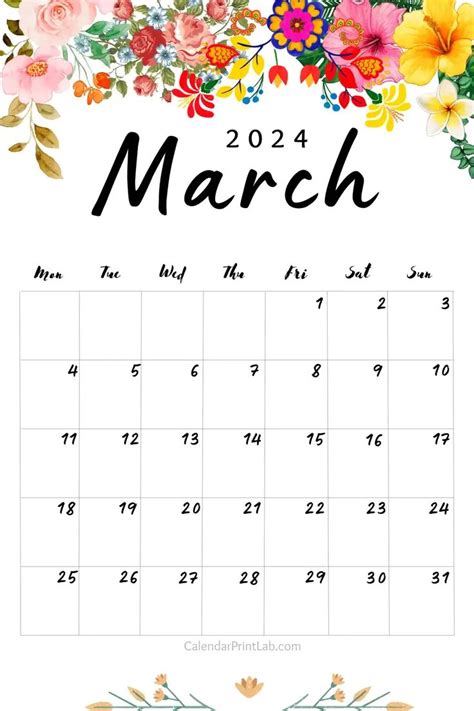 Printable March 2024 Flower Calendars In 2024 Calendar Craft Flower