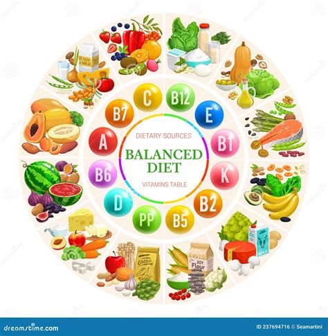 Balanced Diet Diagram Chart Vitamins And Minerals Stock Vector