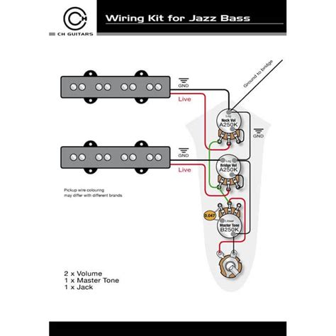 Jazz bass guitar wiring harness prewired kit 2v1t1j 250k 16mm mini pots. WK3 J Style Bass Wiring Kit - CH Guitar Parts and Accessories
