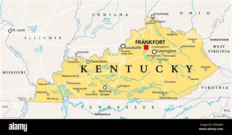kentucky ky mapa político con la capital frankfort y las ciudades más grandes commonwealth de
